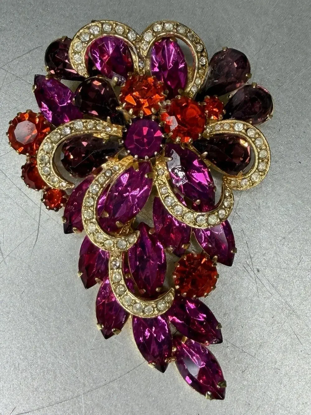 Vintage Gold Tone Purple Pink Red Big Rhinestone Large Flower Floral Pin Brooch